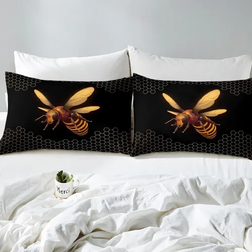 Miniatura 6 de Erosebridal Honey Bee - Juego de sábanas bajeras negras y doradas, tamaño individual, diseño geométrico de panal de abeja para niños y niñas, funda