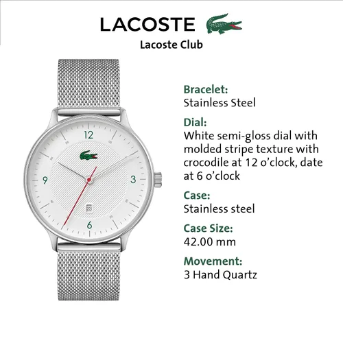 Miniatura 4 de Lacoste Reloj de cuarzo para hombre con correa de acero inoxidable, plata, 20 (Modelo 201136), Plateado, Reloj de cuarzo