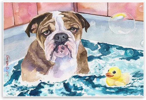 Stupell Industries Placa de pared de goma con diseño de bulldog inglés en la bañera, diseño de George Dyachenko, 10 x 15 pulgadas, color azul