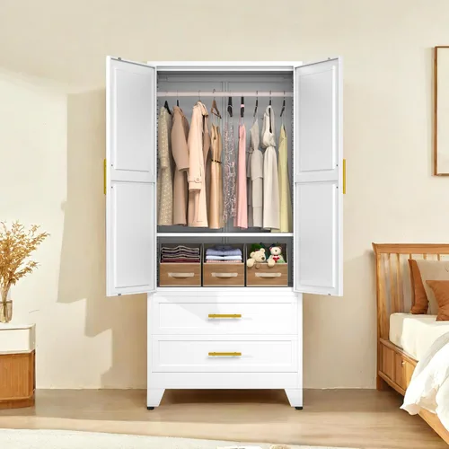 Miniatura 12 de PAOFIN Armario de metal negro de 71 pulgadas, armario de almacenamiento de ropa para dormitorio con 2 cajones y barra para colgar, armario