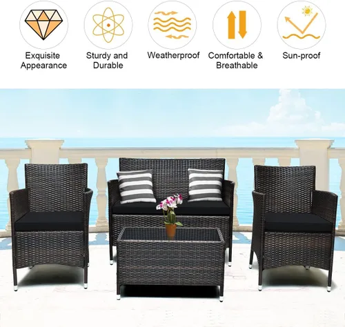 Miniatura 5 de COSTWAY Juego de 4 muebles de ratán para patio, sillas de mimbre para exteriores con mesa auxiliar, juego de conversación acolchado de ratán