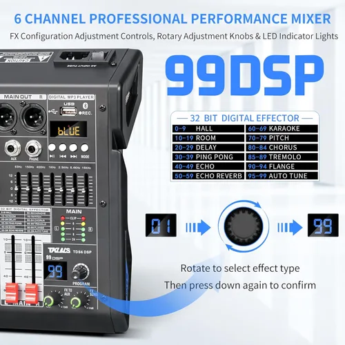 Miniatura 2 de Mezclador de audio, mezclador profesional de DJ de 6 canales con efectos DSP de 99 bits, ecualizador de 7 bandas, alimentación fantasma de 48 V