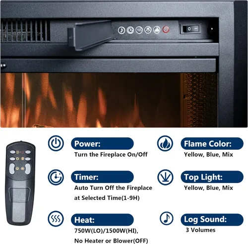 Miniatura 4 de Chimenea eléctrica de inserción, chimenea empotrada de 36 pulgadas con llama ajustable y luces de color en la parte superior, sonido de crepitación