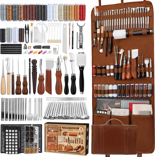CBHGFEA Kit de trabajo de cuero, herramientas de trabajo de cuero y kit de manualidades con bolsa de almacenamiento personalizada, grabado, corte,