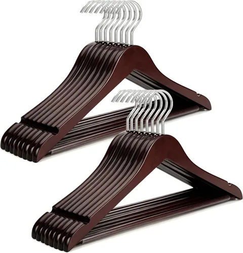 TOPIA HANGER Ganchos de madera de lujo para armario, madera de cerezo con gancho extra grueso y barra antideslizante para pantalones, perchas