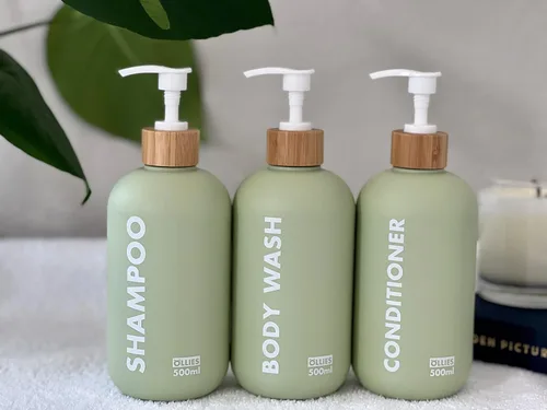 Miniatura 6 de Dispensador de Champú y Acondicionador OLLIES, Dispensador de Jabón de Ducha para Baño - Juego de 3 con Etiqueta Elegante Permanente - Botellas