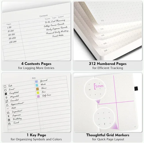 Miniatura 3 de Cuaderno de puntos, 312 páginas numeradas, cuaderno grande B5 de cuero de tapa dura, cuaderno de 3.53 oz/yd² con páginas de índice, diario de puntos