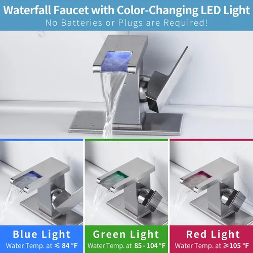 Miniatura 3 de Grifo de baño en cascada, cascada de grifo LED, níquel cepillado de un solo agujero, grifo de lavabo de baño en cascada, grifo de baño con luz LED