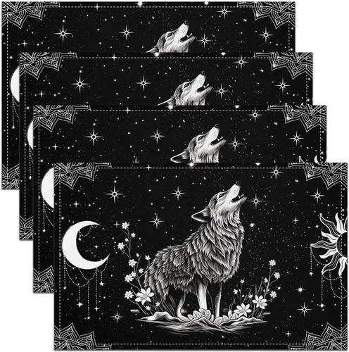 Miniatura 32 de Juego de 4 manteles individuales de mesa con diseño de gatos, diseño gótico, estrella, cielo, luna, constelación, 12 x 18 pulgadas, para mesa