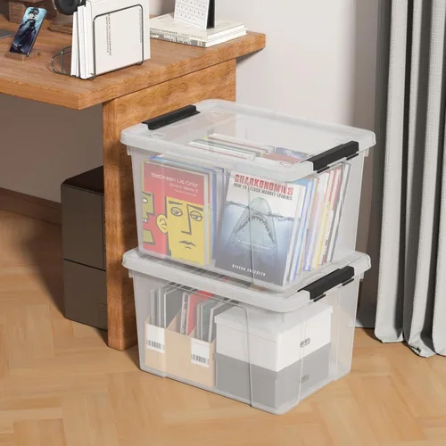 Miniatura 4 de Caja de almacenamiento de 35 cuartos de galón con ruedas, base transparente, contenedores de plástico con tapa de cierre seguro, pestillo negro