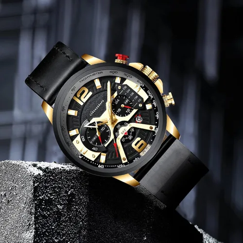 Miniatura 3 de Reloj de pulsera analógico de cuarzo para hombre, cronógrafo, impermeable, correa de cuero, correa de cuero, reloj de pulsera