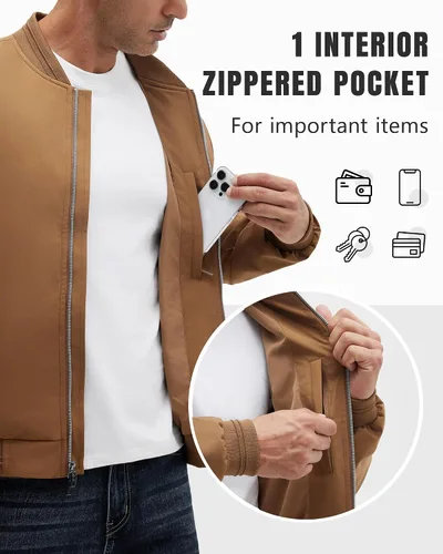 Miniatura 3 de Polu Chaquetas bomber para hombre con bolsillos, chaquetas cortavientos ligeras, cremallera de 2 vías, abrigo casual de negocios para otoño e