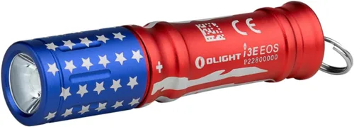 OLIGHT i3E EOS - Linterna EDC compacta de 90 lúmenes con lente PMMA TIR, batería AAA, llavero para noche y camping (Edición Estrellas y Rayas)