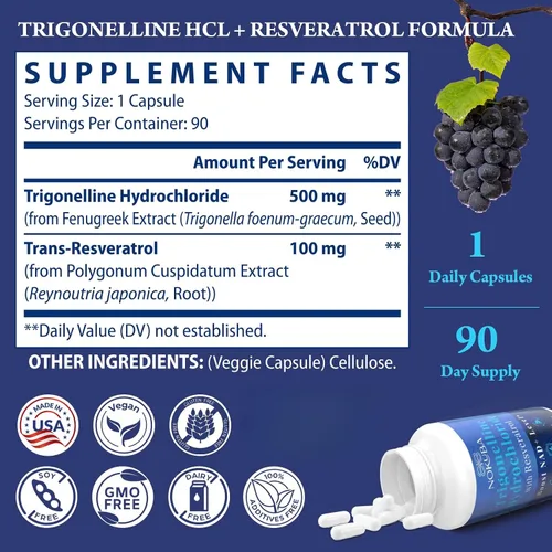 Miniatura 7 de Suplemento NAD – Alternativa NMNH con Trigonelina HCL 500 mg y resveratrol – Precursores NAD+ Extracción de plantas – Apoya la energía celular