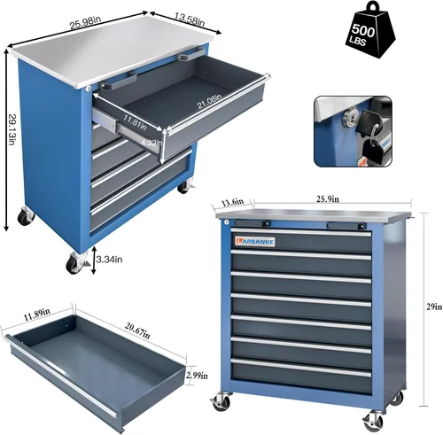 Miniatura 2 de LARBANKE Caja de herramientas combinada con cerradura, 5 cajones, 7 cajones, 2 puertas, el armario de herramientas se puede interconectar, caja