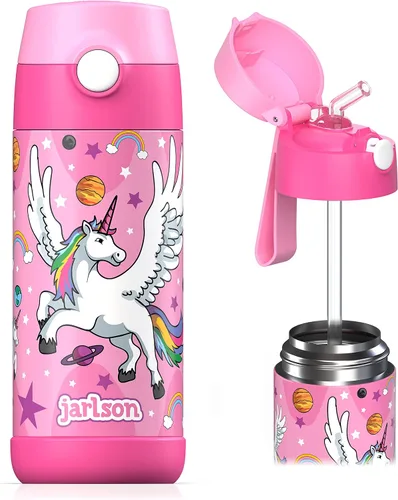 Miniatura 9 de Jarlson® CHARLI - Botella de agua para niños [12 onzas], botella térmica de acero inoxidable con pajilla, botella de agua aislada a prueba