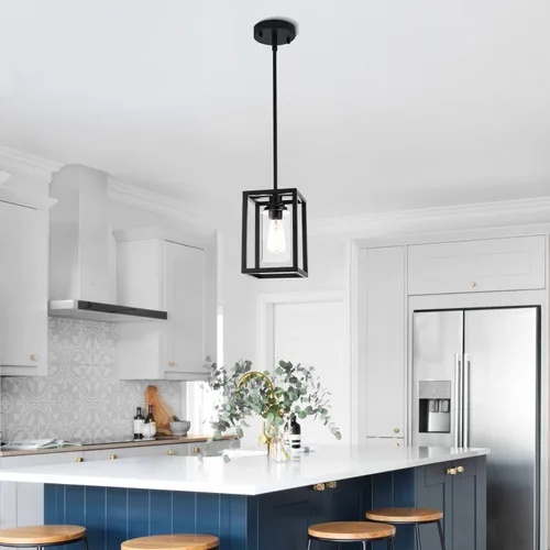 Miniatura 9 de Iluminación colgante de cocina sobre isla, lámpara colgante estilo granja de 1 luz negro mate, accesorios de luz colgante rectangulares de metal
