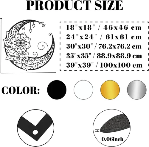 Miniatura 3 de Arte de pared de metal con diseño de mandala y luna, decoración de pared bohemia con luna dorada, 18 x 18 pulgadas (18.1 x 18.1 in) para decoración