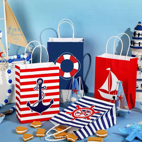 Miniatura 2 de Sepamoon Paquete de 16 bolsas de regalo náuticas, bolsas de papel para fiestas náuticas y papel de seda con asas, anclajes marinos, golosinas