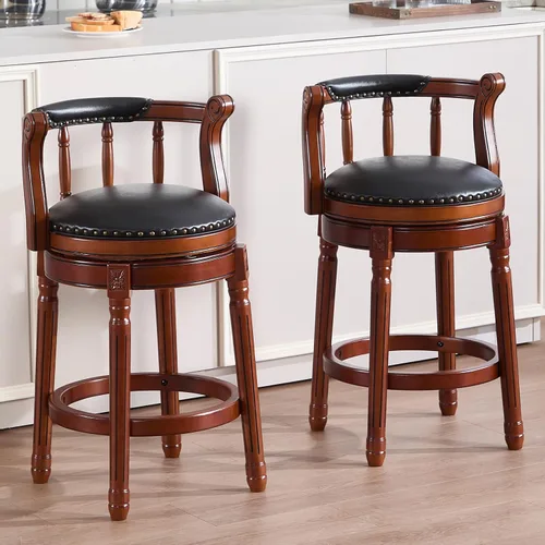 RAINMOOD Juego de 2 taburetes de bar, taburete tapizado de cuero de grano completo, silla de bar negra con respaldo, patas de madera maciza