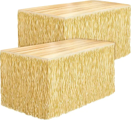 Miniatura 8 de Fovths 1 paquete de falda de mesa de hierba Luau con flecos de papel, falda de paja oscura de 108 x 30 pulgadas, faldas de mesa hawaianas