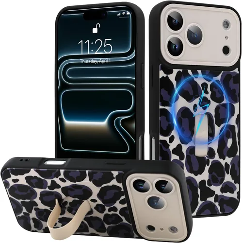Miniatura 60 de Funda diseñada para iPhone 17 Pro Max con soporte plegable y correa para dedos, bonito patrón de lazo de corazón de flor rosa para mujeres y niñas