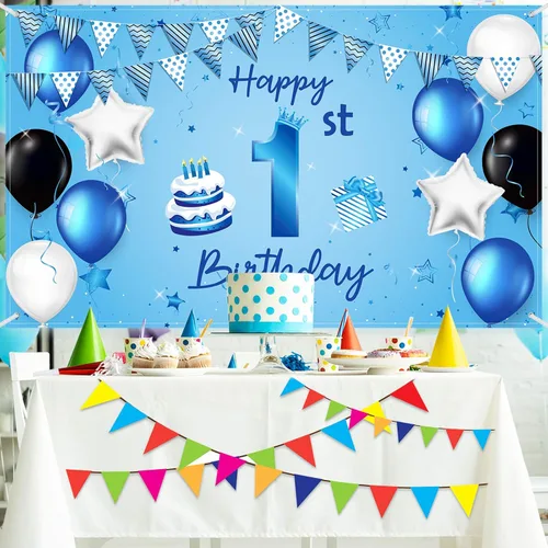 Miniatura 5 de Cartel de fondo de feliz primer cumpleaños azul para recién nacidos, fondo de fotografía para primer cumpleaños, suministros de decoración de fiesta