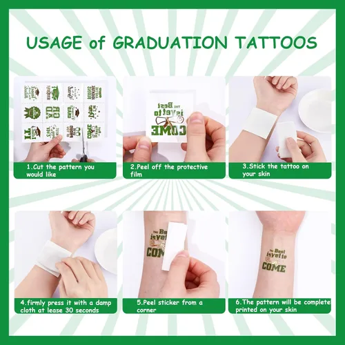 Miniatura 6 de 12 hojas de tatuajes temporales de graduación con purpurina verde y dorada estilo metálico, recuerdos de fiesta de graduación 2025, felicitaciones