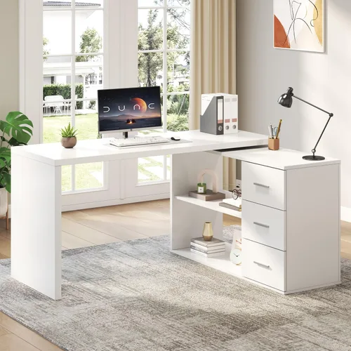 Miniatura 10 de HSH - Escritorio negro en forma de L con cajones y estantes, escritorio giratorio de 360 grados para oficina en casa, escritorio de esquina