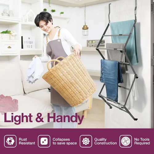 Miniatura 7 de BLACK+DECKER Estante de secado telescópico extensible sobre la puerta, organizador de ropa, colgador de toallas, lavandería, plegable, gris