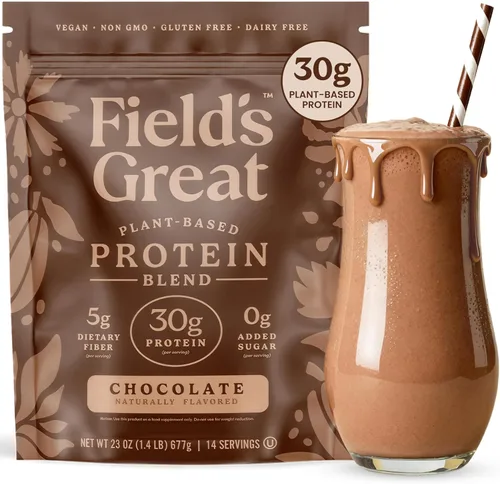 Field's Great Batido de proteína de chocolate todo en uno a base de plantas, envejecimiento saludable, 1.06 onzas de proteína, 0.18 onzas de fibra +