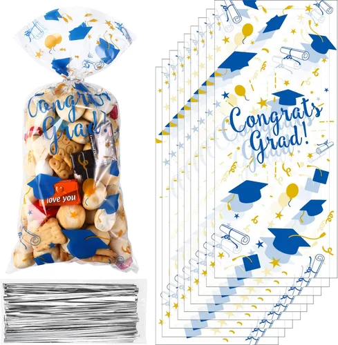 Miniatura 9 de Blulu 100 bolsas de celofán de graduación, felicitaciones para graduados, bolsas de regalo de plástico con 100 lazos giratorios plateados para Negro