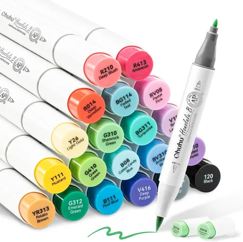 Ohuhu Honolulu B - Marcadores de alcohol, punta de pincel, certificado AP, 24 colores básicos, doble punta a base de alcohol, juego de marcadores