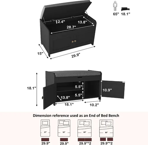 Miniatura 3 de HOMEFORT Banco para Zapatos de 30" con Almacenamiento de Tapa Elevable, Banco de Entrada con Asiento Acolchado, Banco de Madera para Pie de Cama