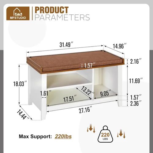 Miniatura 2 de MFSTUDIO Banco Organizador de Zapatos, Banco de Entrada para Zapatos Blanco con Asiento y Cojín Acolchado, Organizador de Zapatos Independiente