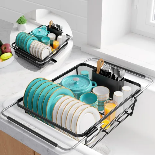 Sakugi - Estante extensible para secar platos sobre el fregadero con escurridor de platos, organización del fregadero y elementos esenciales de