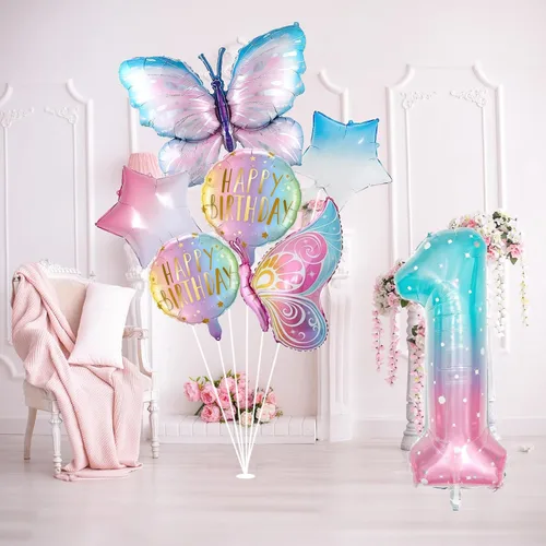 Miniatura 4 de Decoraciones de cumpleaños de mariposa, globos de mariposa, decoraciones de fiesta de primer cumpleaños para niñas, números de fantasía, 1 globo