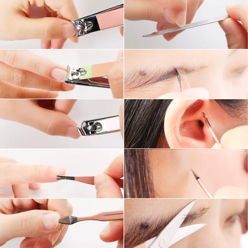 Miniatura 7 de Juego de manicura, mini cortaúñas de viaje, herramientas de cuidado de pedicura, 10 piezas de acero inoxidable kit de aseo (rosa)