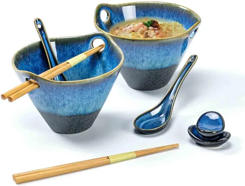 Henten Home Juego de 2 cuencos de ramen de 20 onzas, cuencos de cerámica japoneses para fideos, cuencos profundos de porcelana con palillos para
