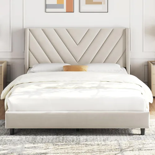 Miniatura 16 de Yaheetech Base de cama tamaño Queen con plataforma tapizada con cabecera con lados en forma de ala/soporte de listones de madera/cabecera tapizada