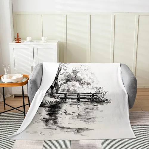 Miniatura 2 de Erosebridal Sketch Tree Flannel Blanket 40x50 Inch Vintage Farmhouse Fleece Blanket Grey Minimalist Mid Century Fuzzy Plush Throw French Country