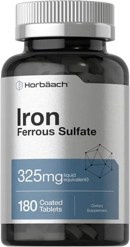 Horbäach Tabletas de suplemento de hierro | 180 unidades | Sulfato ferroso | Vegetariano, sin OMG y sin gluten