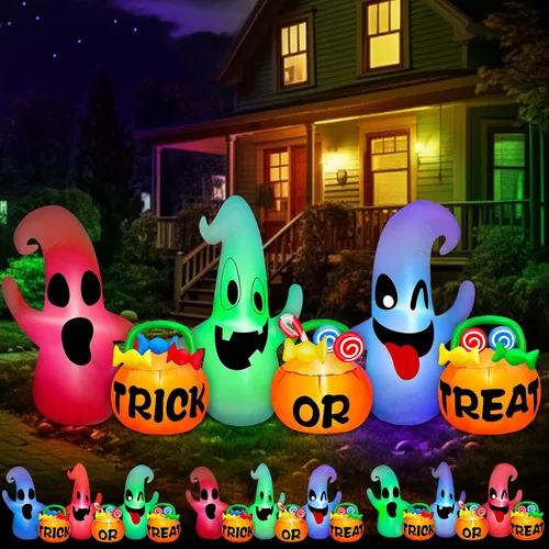 [3 colores cambiantes de luz] TURNMEON inflables de Halloween de 8 pies de largo, tres fantasmas con bolsas de caramelo de calabaza, decoraciones de