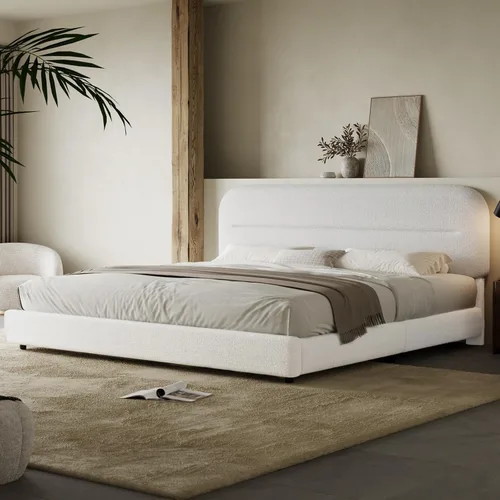 Miniatura 9 de HOMBCK - Base de cama tapizada de tejido bouclé con cabecera suave con diseño de esquinas redondeadas, listones de madera, no requiere somier, fácil