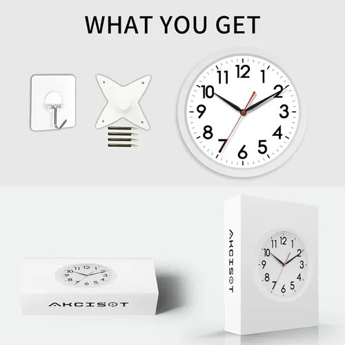 Miniatura 7 de AKCISOT Reloj de Pared Silencioso Sin Tic Tac Relojes de Pared Modernos Operados por Batería 10 Pulgadas, Reloj Clásico Pequeño Analógico Decorativo