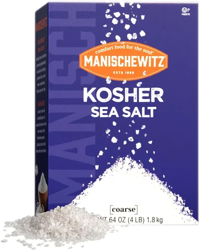 Manischewitz Sal kosher natural, caja a granel de 4 libras con boquilla EZ-Verter, 100% sal marina gruesa de alta calidad de Sicilia Italia, sin