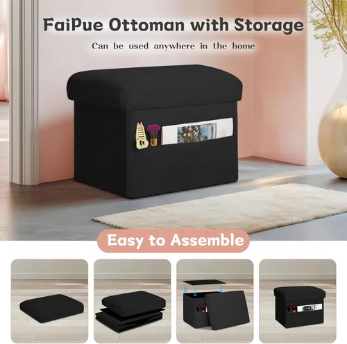 Miniatura 5 de Otomana pequeña con almacenamiento, taburete plegable con asiento acolchado más grueso, banco otomano de almacenamiento de piel suave para Negro