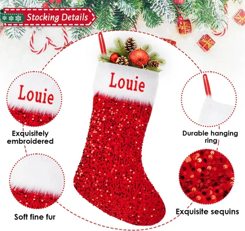 Miniatura 2 de Ulico Calcetines de Navidad personalizados, 18 pulgadas, con lentejuelas bordadas con nombre personalizado, calcetines de Navidad para niños