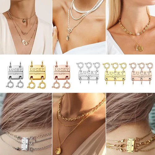 Miniatura 5 de Dailyacc Collar de la suerte, cierre de capas de oro de 18 quilates y plata, múltiples cierres de collar fuertes para separador de aspecto en capas