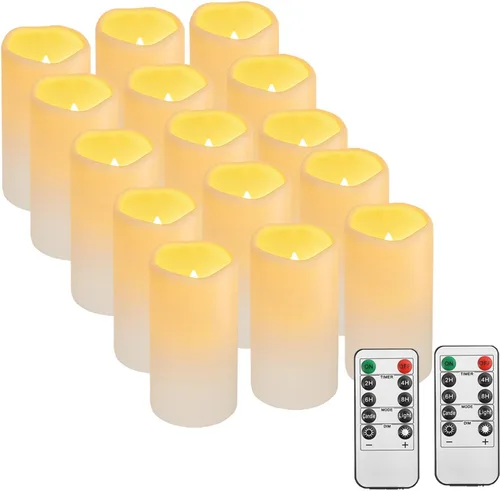 Miniatura 10 de Paquete de 2 velas de plástico sin llama para exteriores con control remoto y temporizador, velas LED parpadeantes que funcionan